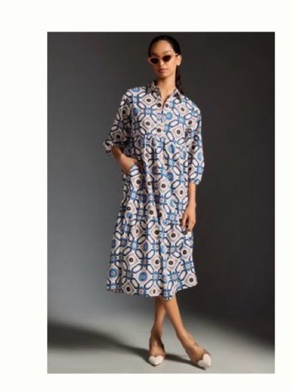 Anthropologie Betina Tiered Blue and White Geometric Midi Shirt Dress by Maeve